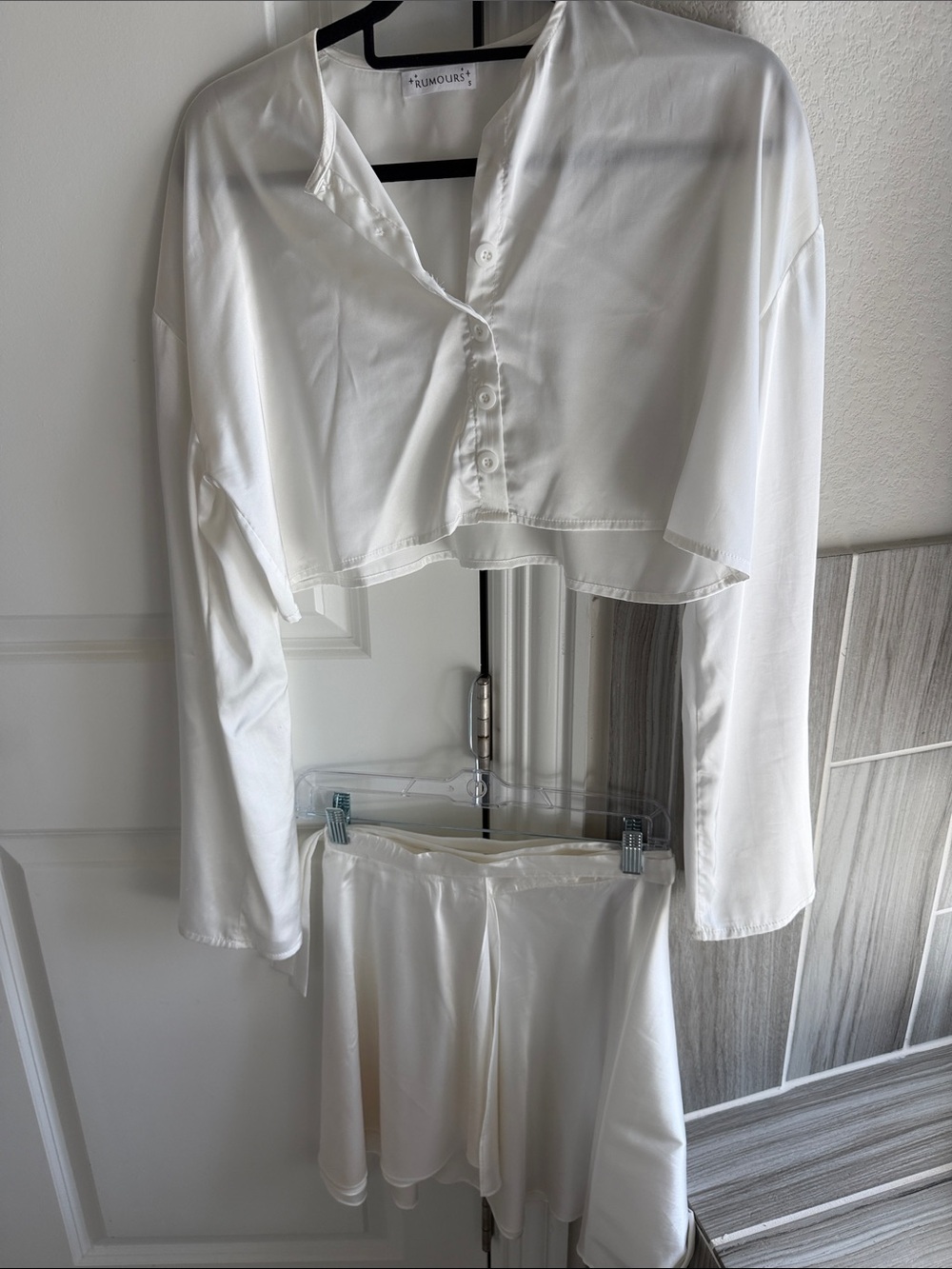 Rumours White Cropped Button-Down Shirt and wrap skirt set